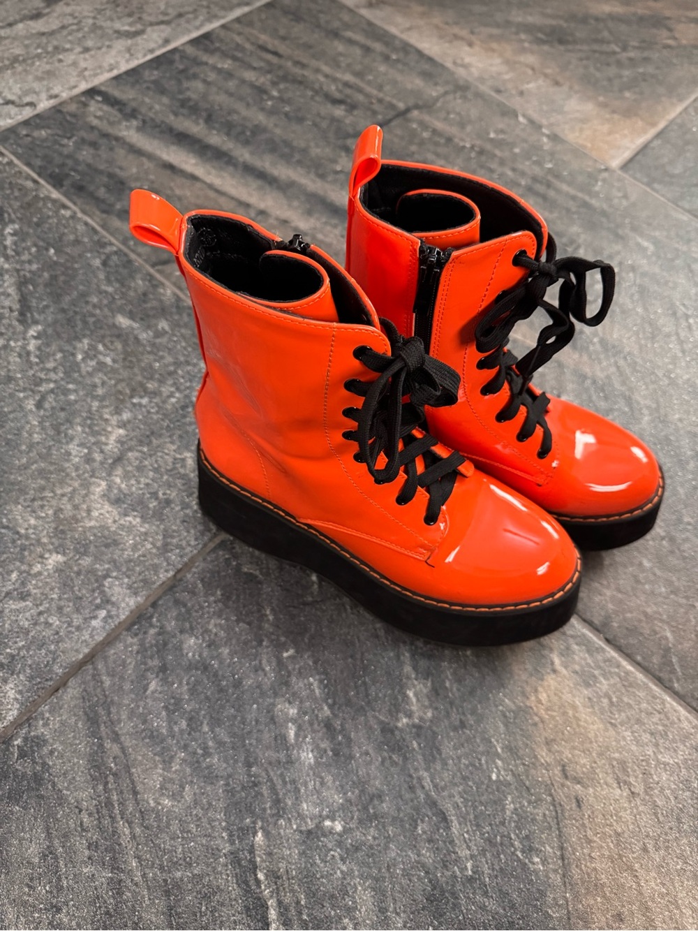 KOI FOOTWEAR Patent Orange Lace-Up Combat Boots with Platform Sole